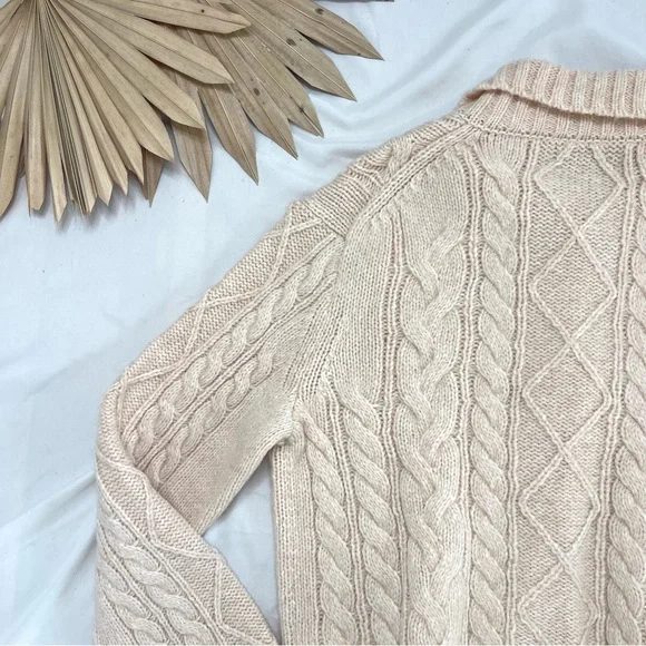 J. Crew Cable Knit Cream Button Front Turtleneck Fold Collar Cardigan Sweater - Picture 6 of 6